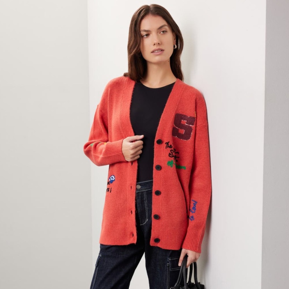 Stylish Red Varsity Cardigan Sweater